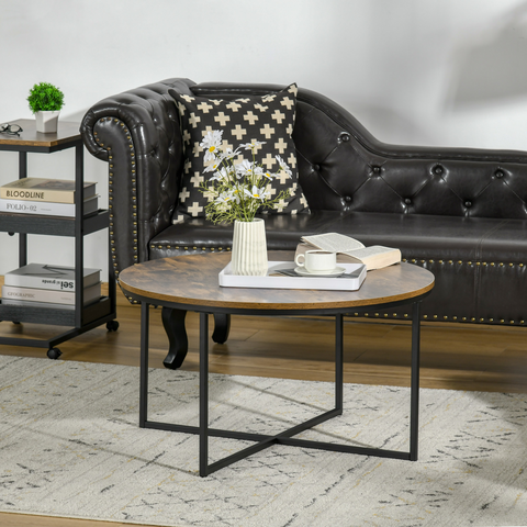 Industrial Round Side Table with Metal Frame, Large Tabletop, Rustic Brown