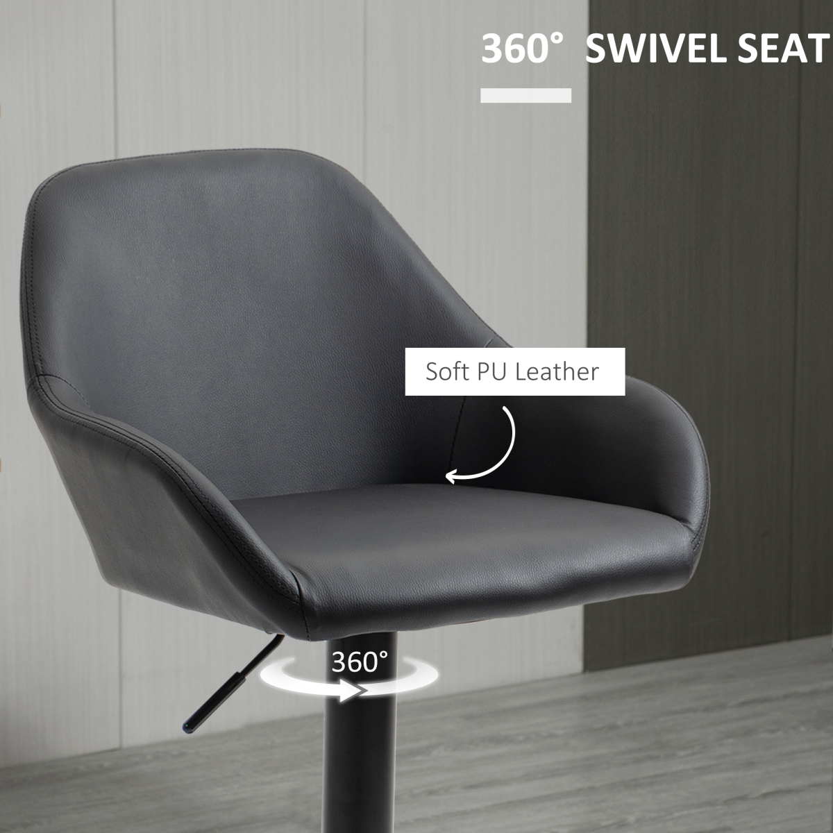 Set of 2, Swivel Barstools with Footrest and Backrest, PU Leather Black