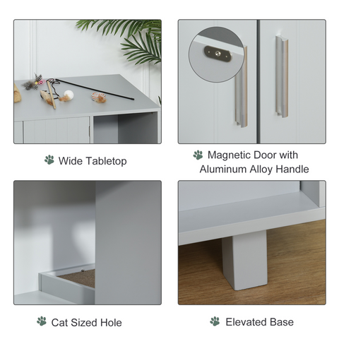 Indoor Feline Cat Box Furniture Kitty Table w/ Scratch & Magnetic Doors, Grey