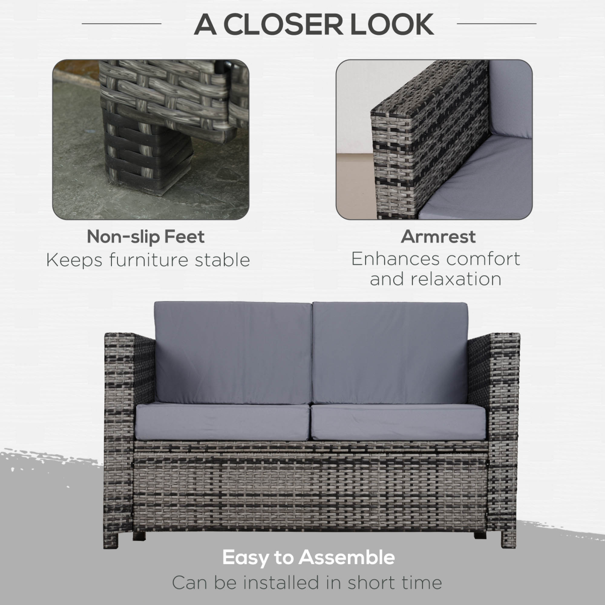 Outsunny Rattan Wicker 2-seat Sofa Loveseat Padded Garden Furniture Grey