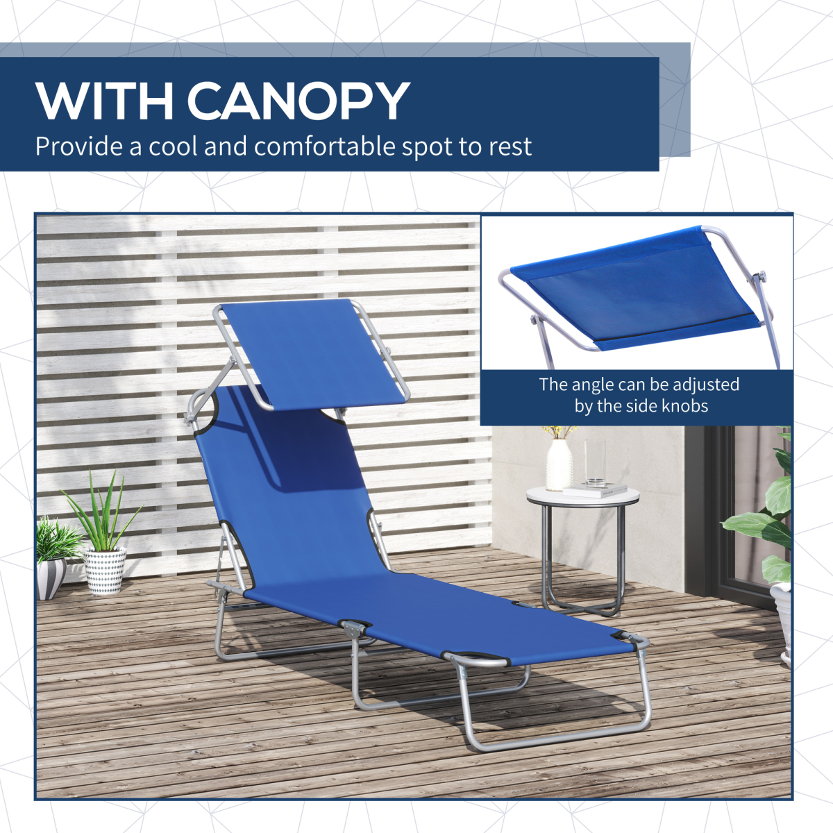 Reclining Chair Folding Lounger Seat & Sun Shade Awning Beach, Blue