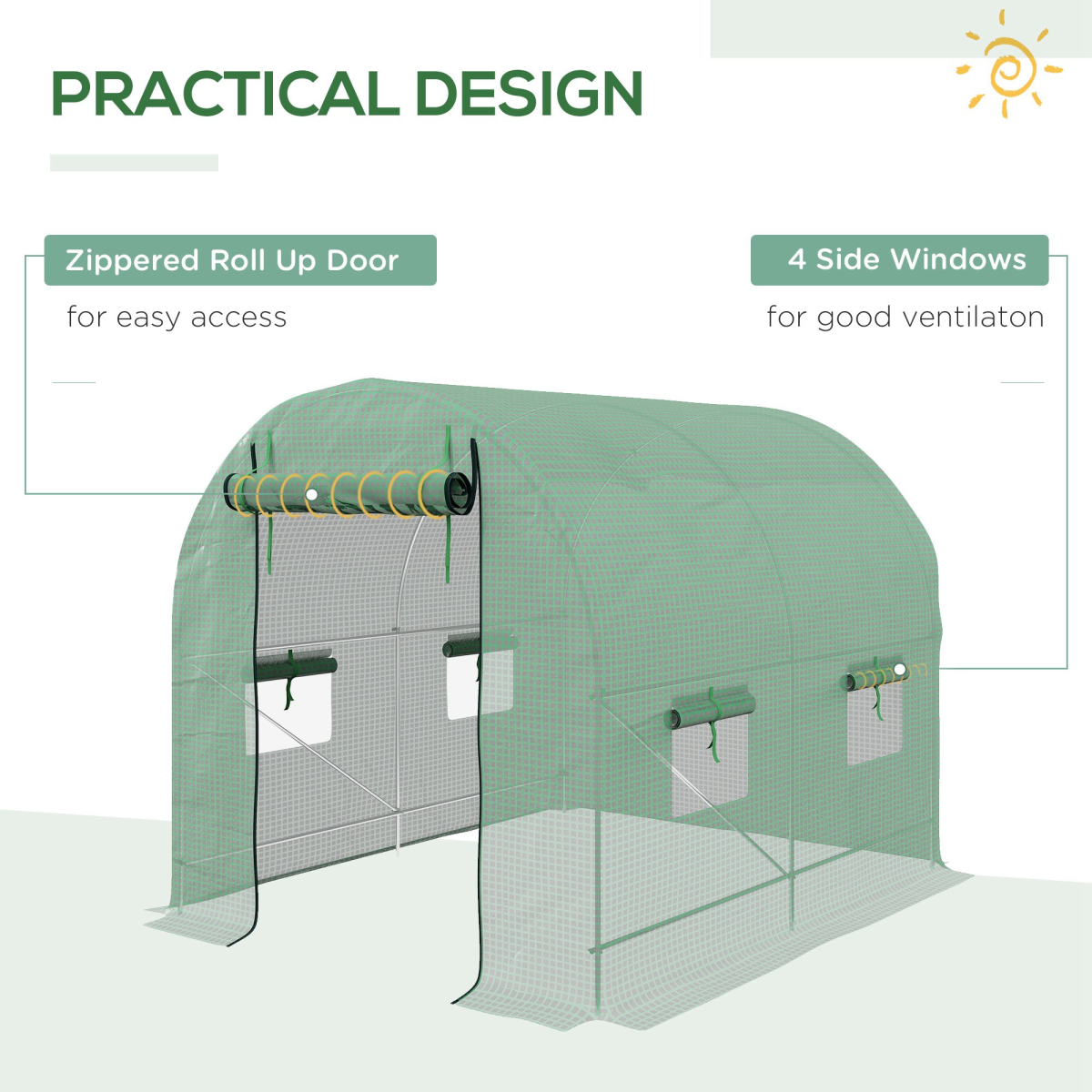 2.5 x 2m Walk-In Polytunnel Greenhouse with Steel Frame Roll Up Door Green