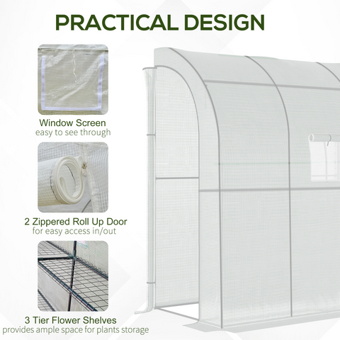 Walk-In Leanto Greenhouse Windows Doors 2 Tiers 4 Shelves 200x100x213cm White