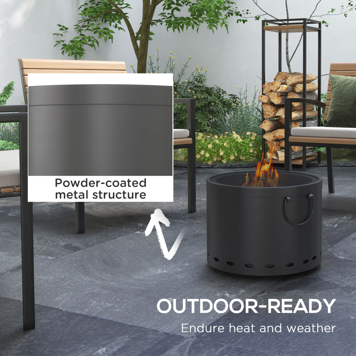 Outsunny 38cm Smokeless Wood Burning Firepit Metal Fire Pit, Dark Grey