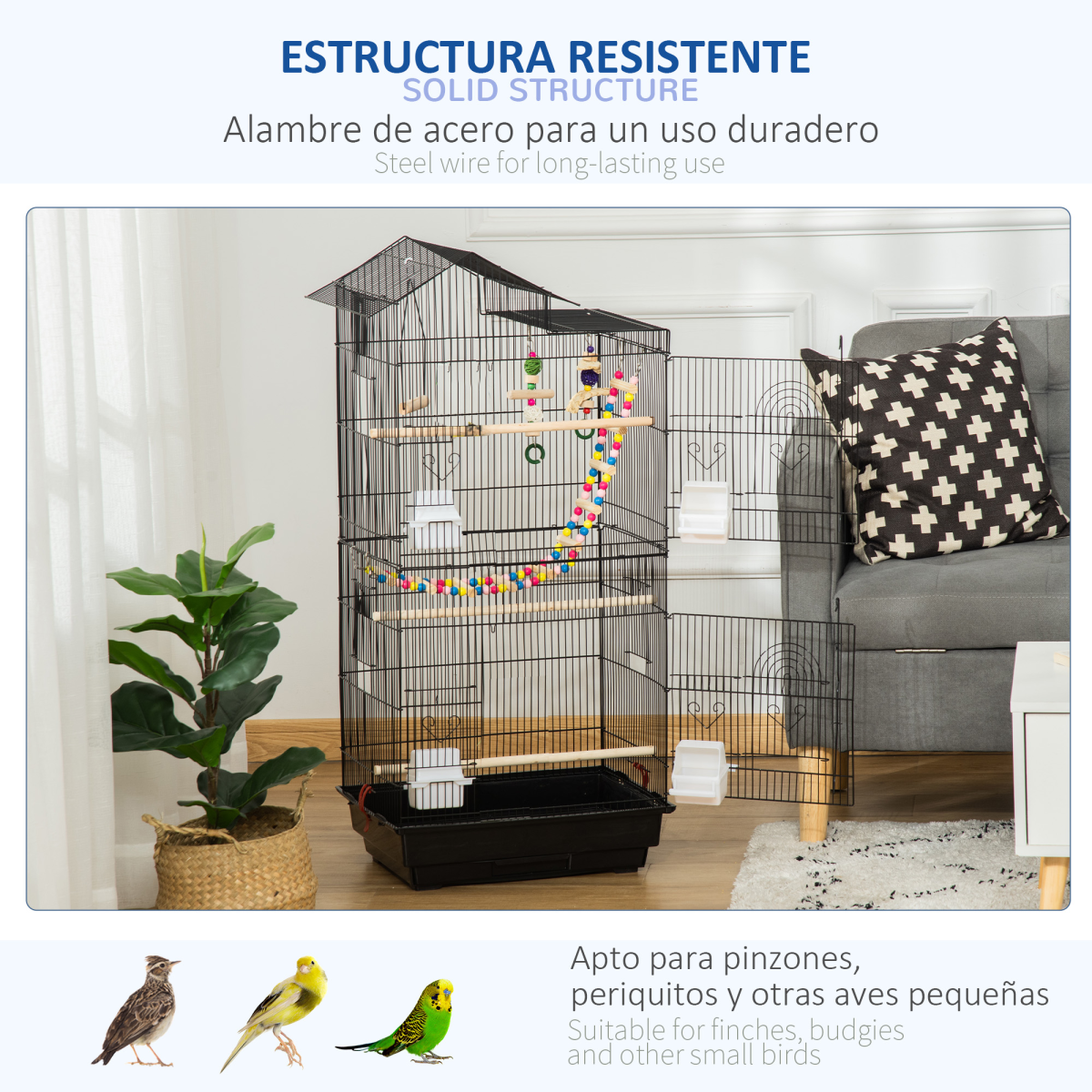 Metal Bird Cage for Budgies, Finches w/ Accessories, Toys, Tray, Handle - Black