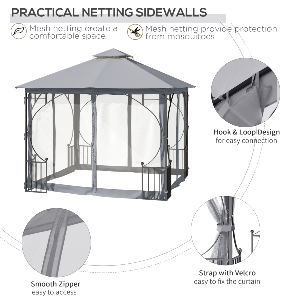 Gazebo Party Tent Canopy Sun Shade for Patio Garden Light Grey 3x3(m) Outsunny