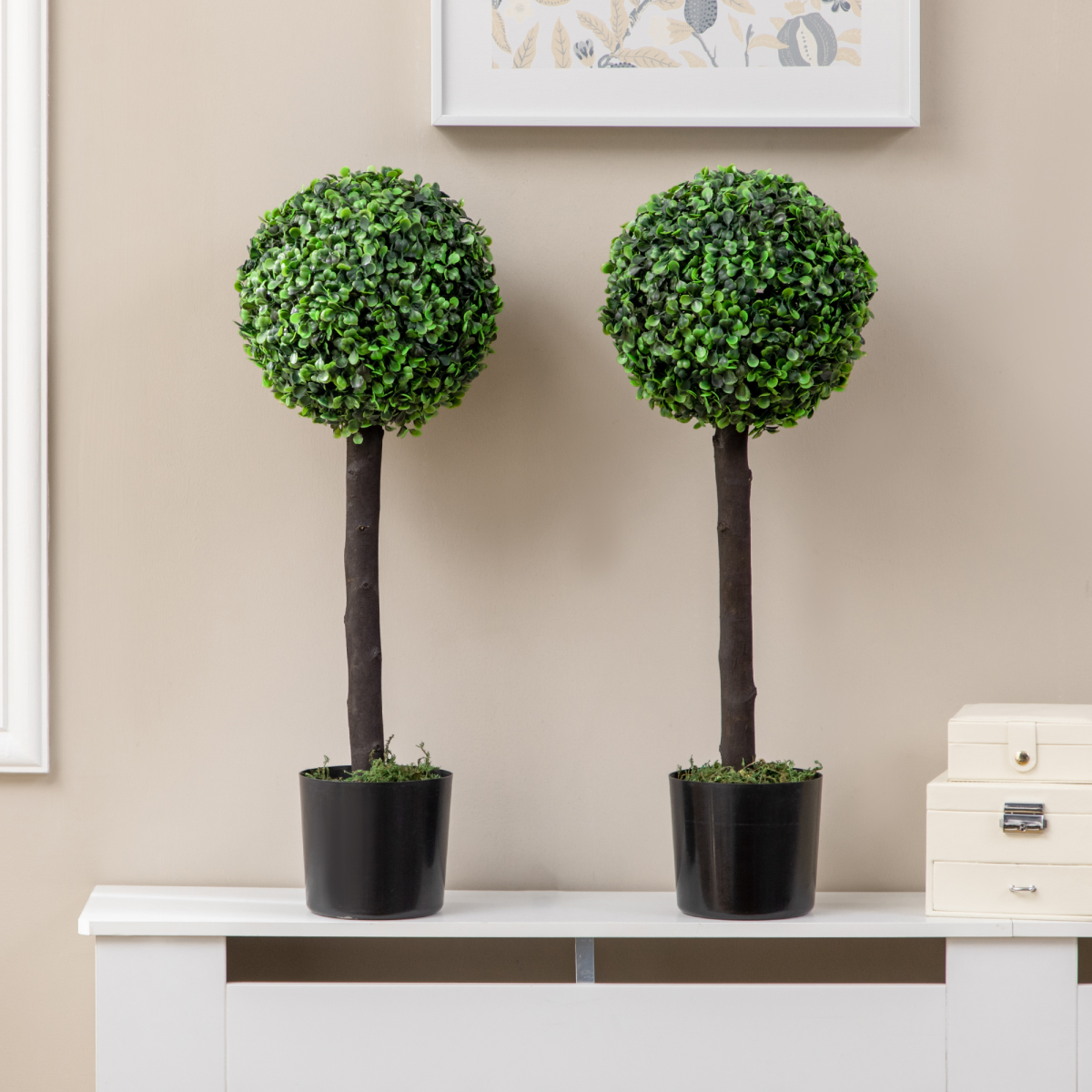 HOMCOM Set of 2 Potted Artificial Plants Boxwood Ball Trees Outdoor, 60cm