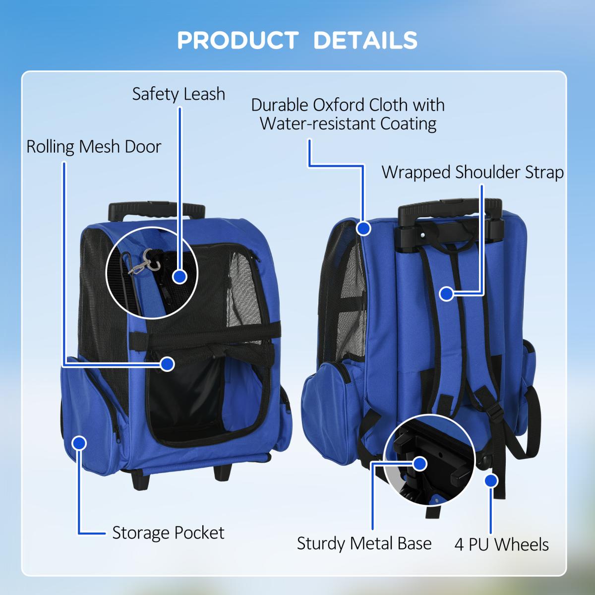Pet Travel Backpack Bag Cat Puppy Dog Carrier w/ Trolley and Telescopic Wheel