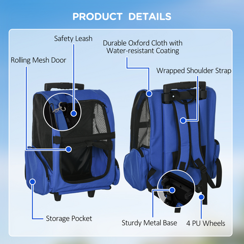 Pet Travel Backpack Bag Cat Puppy Dog Carrier w/ Trolley and Telescopic Wheel