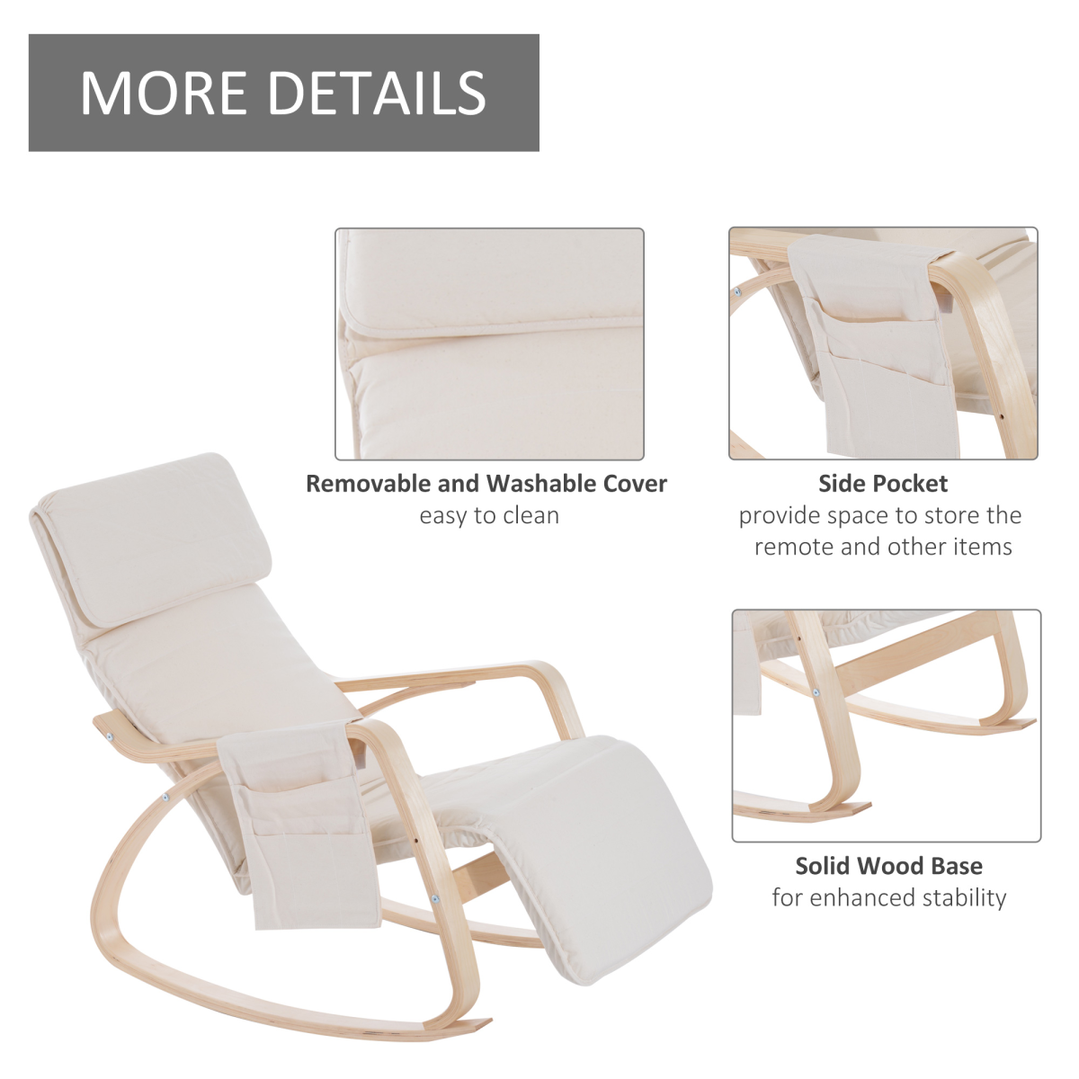 Rocking Chair Recliner Armchair with Adjustable Footrest, Cream White