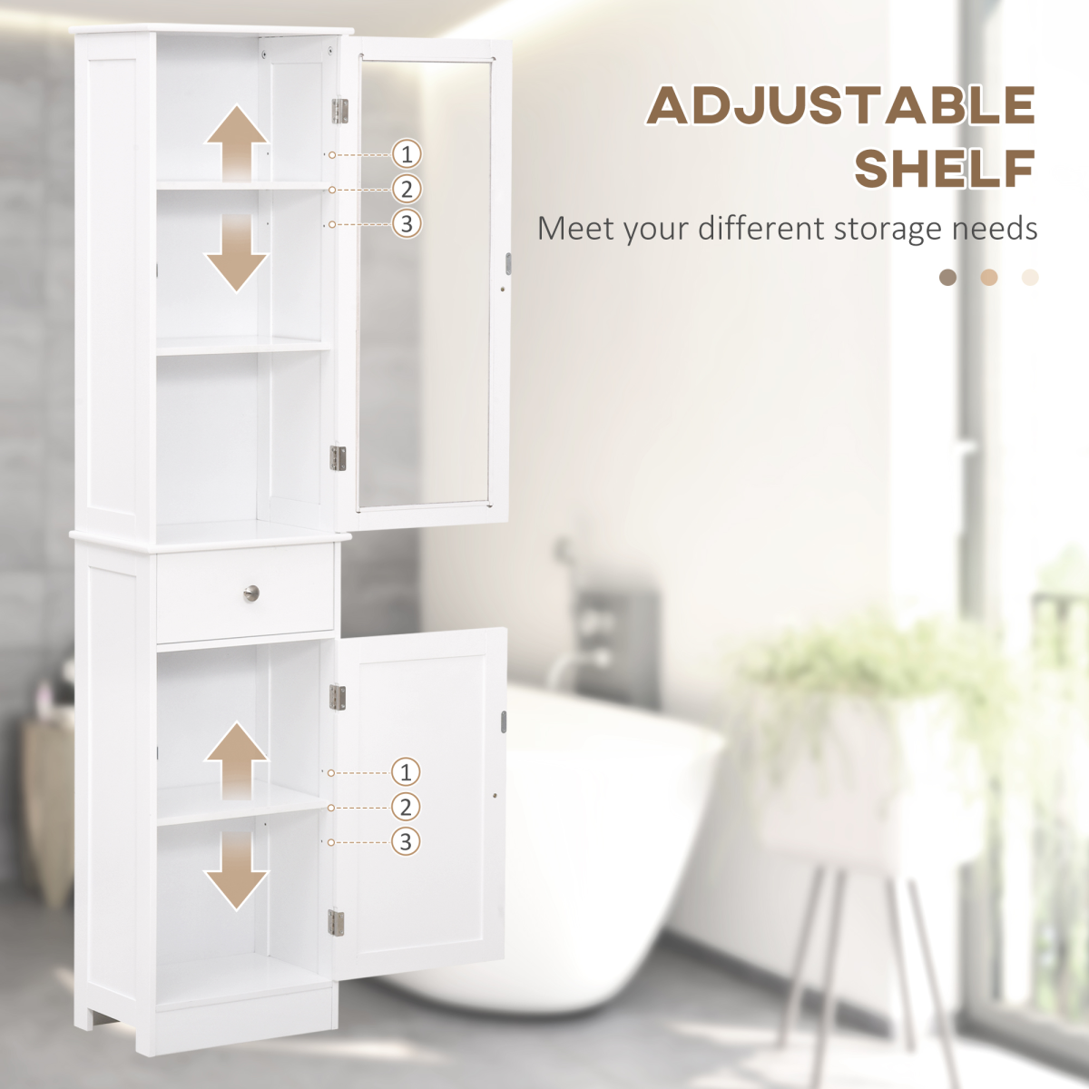 Bathroom Storage Cabinet with 3-tier Shelf Drawer Glass Door, Shelves, White
