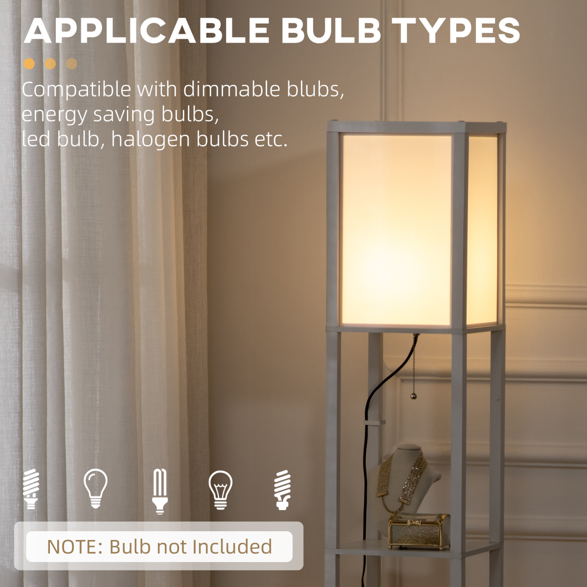 HOMCOM Shelf Floor Lamp with Dual Light, for Living Room, Bedroom, White