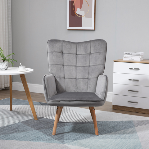 HOMCOM Modern Accent Chair Velvet-Touch Tufted Wingback Armchair Grey