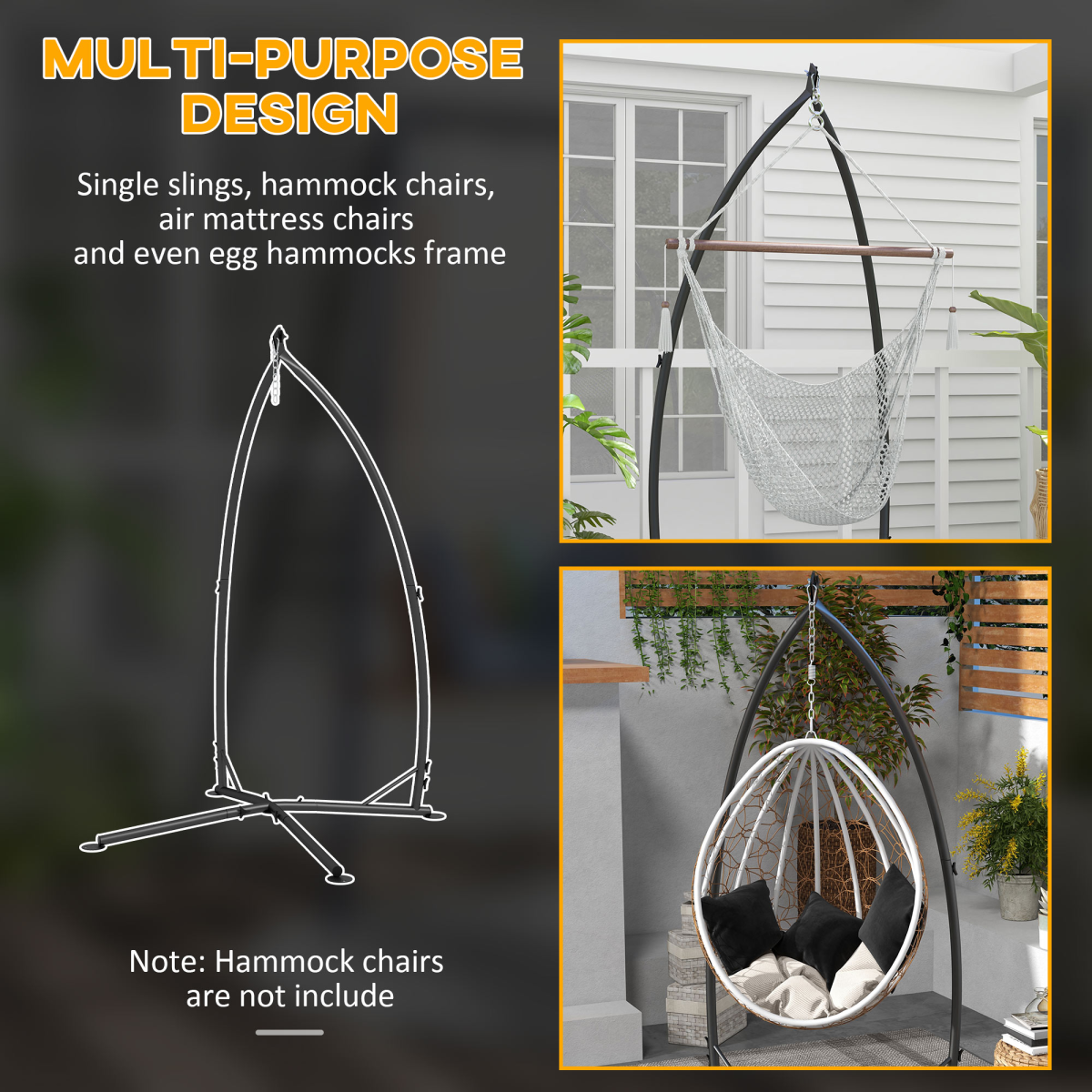 Outsunny Hammock Chair Stand Metal Frame Hammock Stand Only with Chian, Black