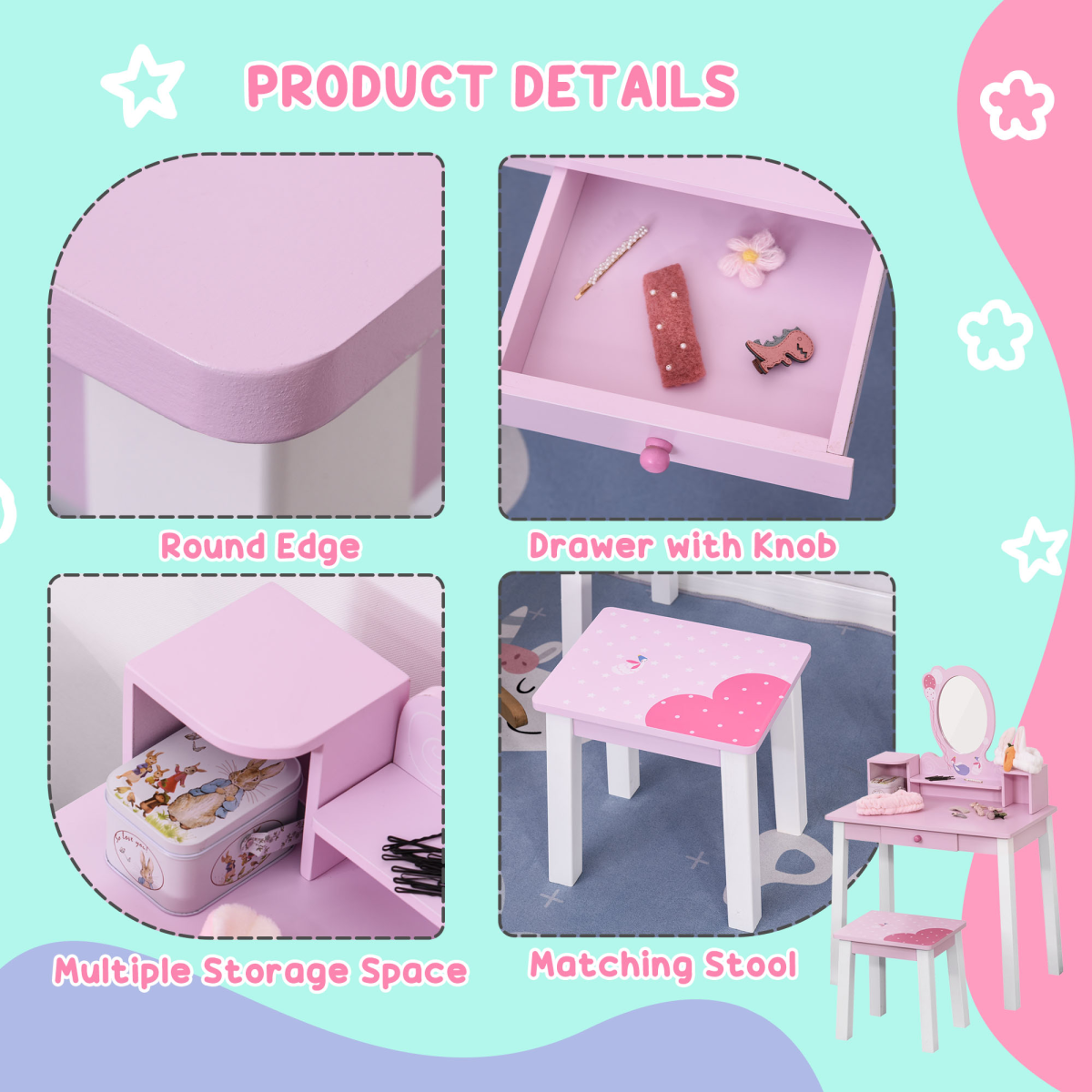 Kids Dressing Table and Stool Set Make Up Desk with Storage (Pink) HOMCOM