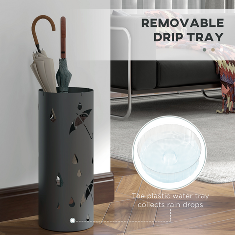 HOMCOM Metal Umbrella Stand, Hollowed Umbrella Basket with 4 Hooks and Drip Tray