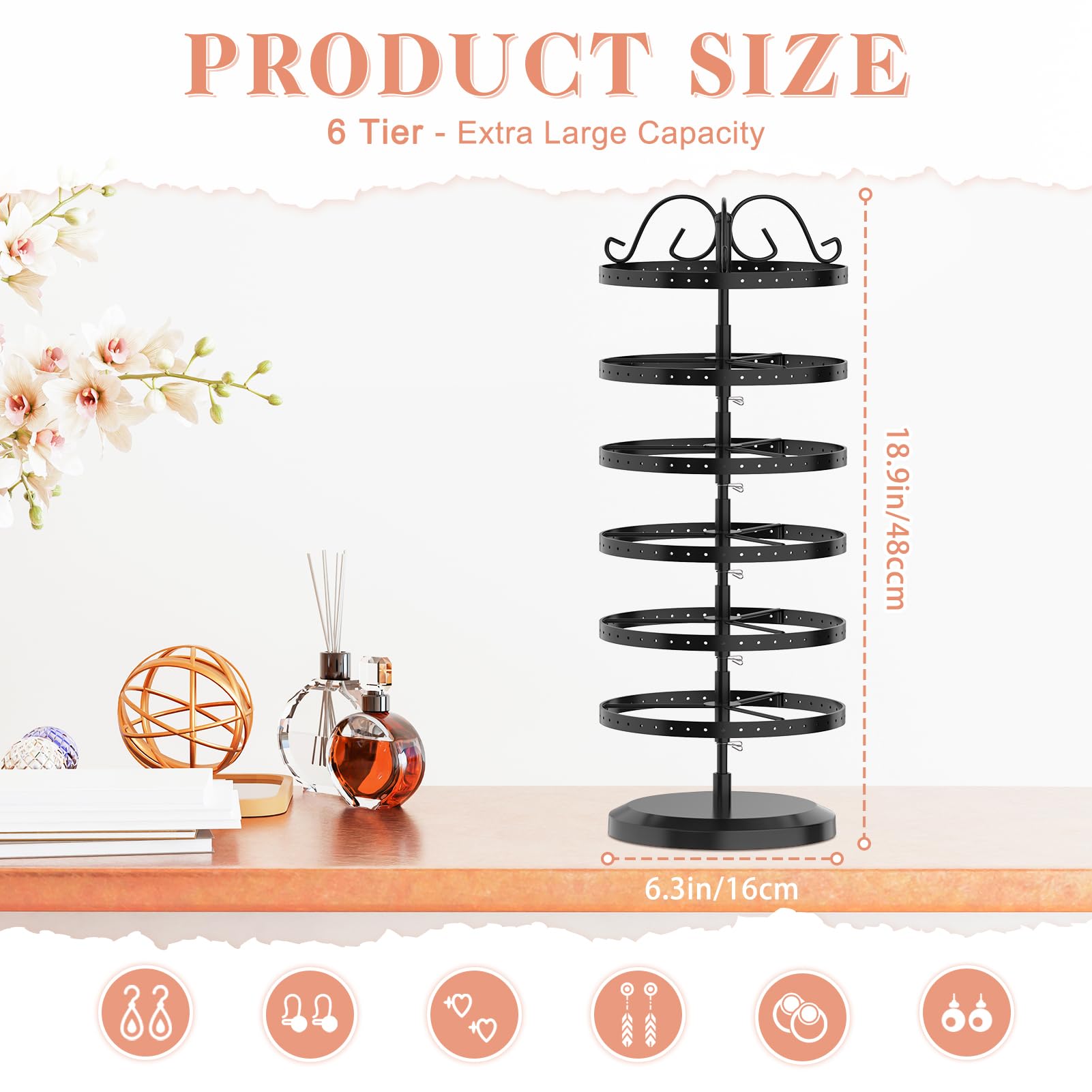 iDavosic.ly 6 Tier Metal Rotating Earring Holder Organizer, 264 Holes Earring Storage Display Tower Rack, Adjustable Earring Tree Organizer for Women
