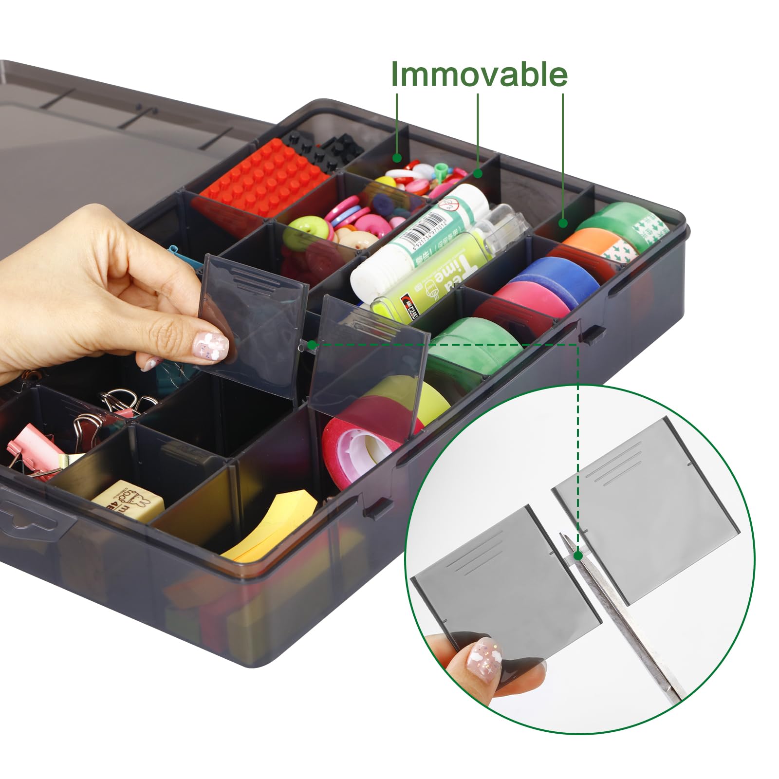 Gbivbe 24 Grids Extra Large Plastic Craft Storage Box, Black Plastic Organizer Container Compartment Bead Storage Box with Adjustable Dividers for