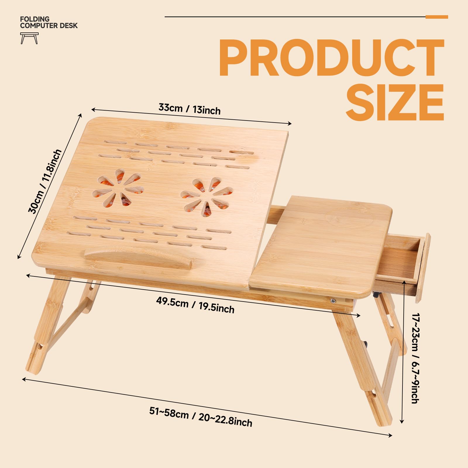 Adjustable Bamboo Laptop Desk with Cooling Fan, Foldable Bed Tray for Breakfast, Writing, and Drawing, with Tilting Top and Drawer