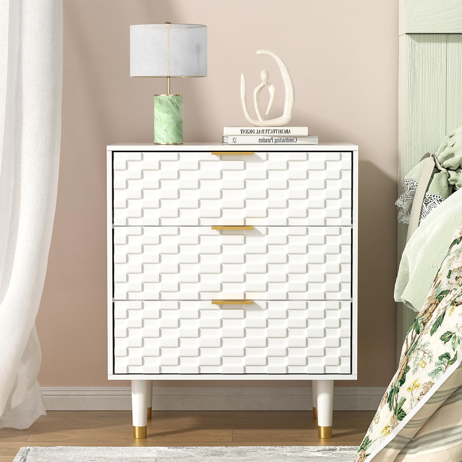 Yvsevnr Bedside Table with 3 Drawers, Bed Side Table for Bedroom, Living Room, Study, Bas-relief Nightstand, Small Chest of Drawers, Anti-Tipping