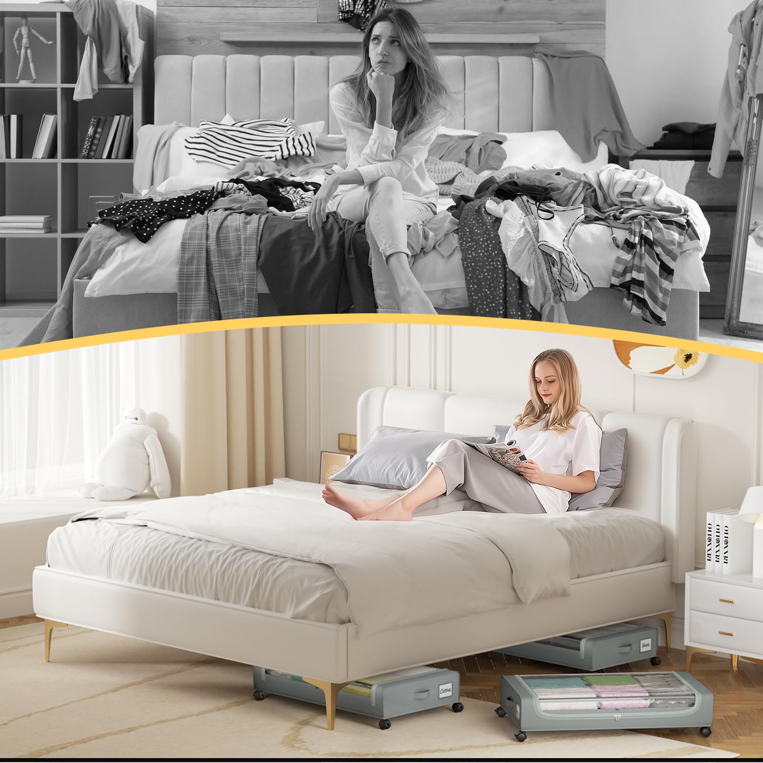 PHINOX Large Fabric Under Bed Storage on Wheels & Dust Cover, Grey, 2 PCS