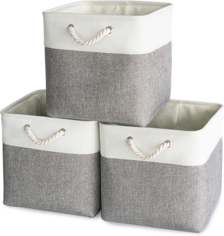 flaxarne Decorative Storage Basket with Rope Handles; 3-Pack Collapsible Storage Baskets for Shelves