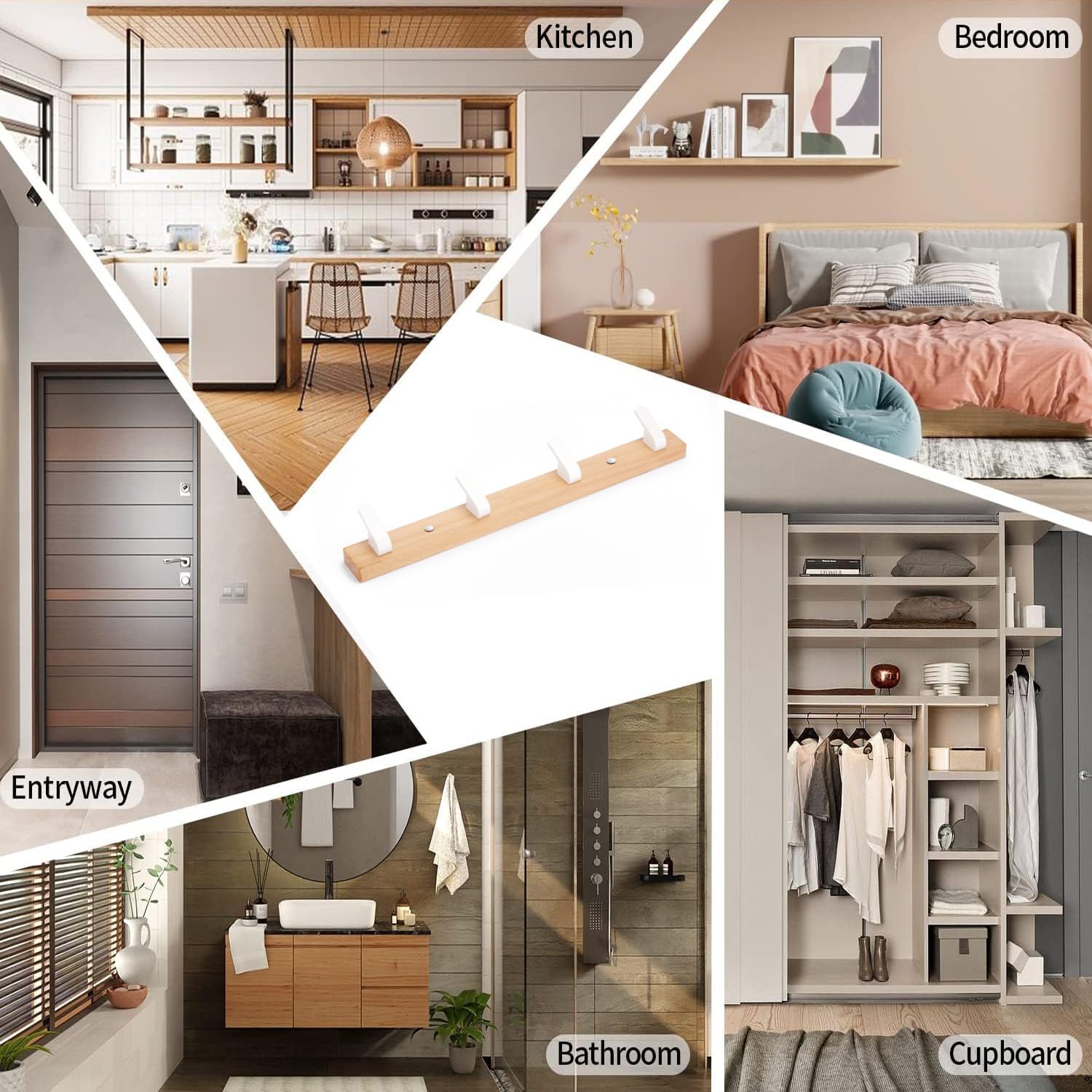 SARIHOSY 5 in 1 Row Clothes Rail Wall Mounted Towel Holder, Coat Rack for Wall Wooden Bar White Wooden Coat Pegs Wall Mounted Decorative Coat Rack