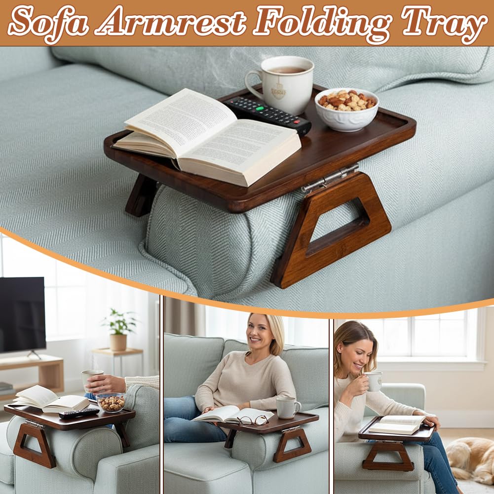 Umllpet Sofa Tray Armrest, Water-Repellent Couch Tray with Fixed Clip, Armrest Tray for Drinks, Snacks, Mobile Phone & Remote Control (Brown)