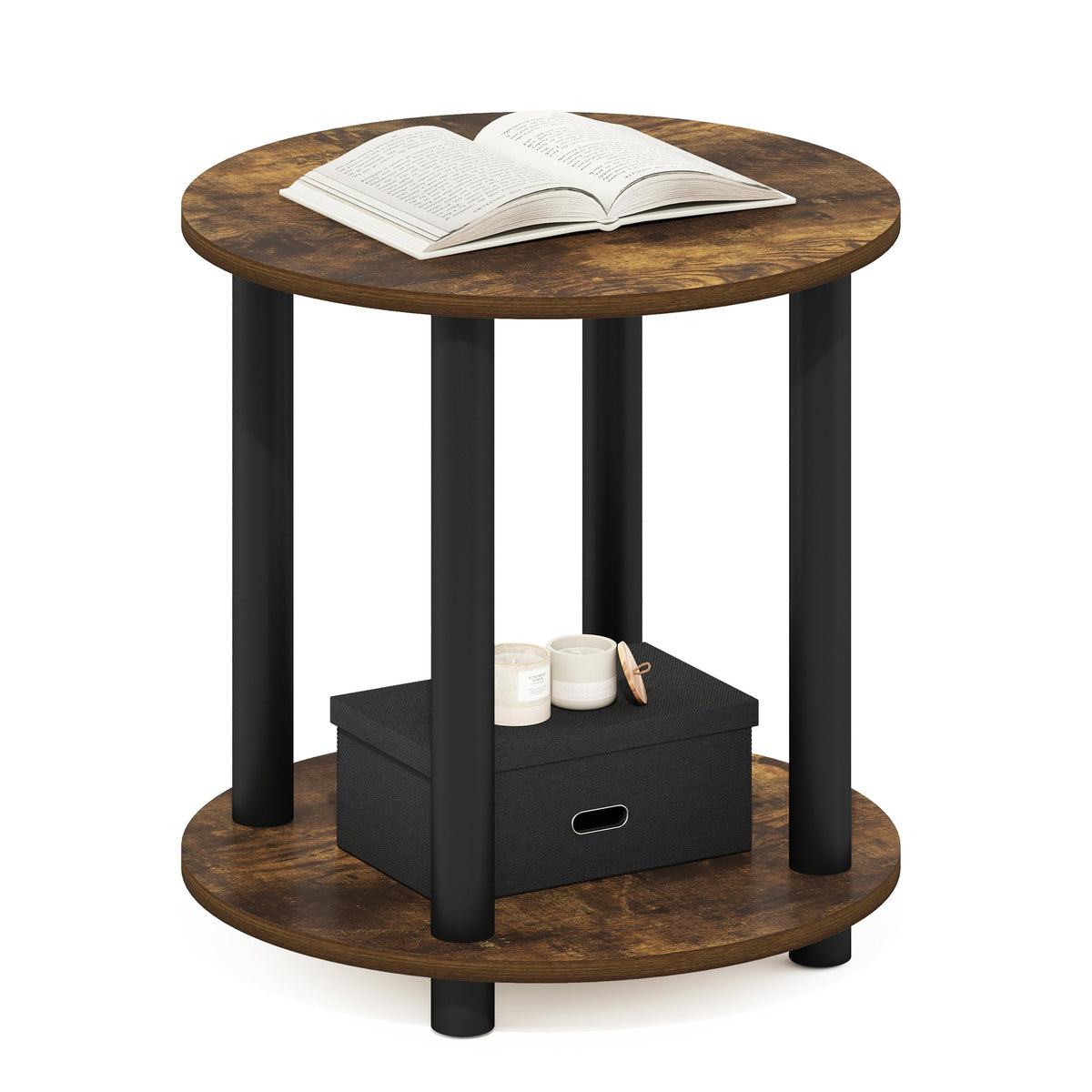 Furinno TURN-N-TUBE Side Table, 2-Tier Small Round End Table with Open Shelf, Toolless Assembly Night Stand, Bedside Table, for Living Room, Bedroom