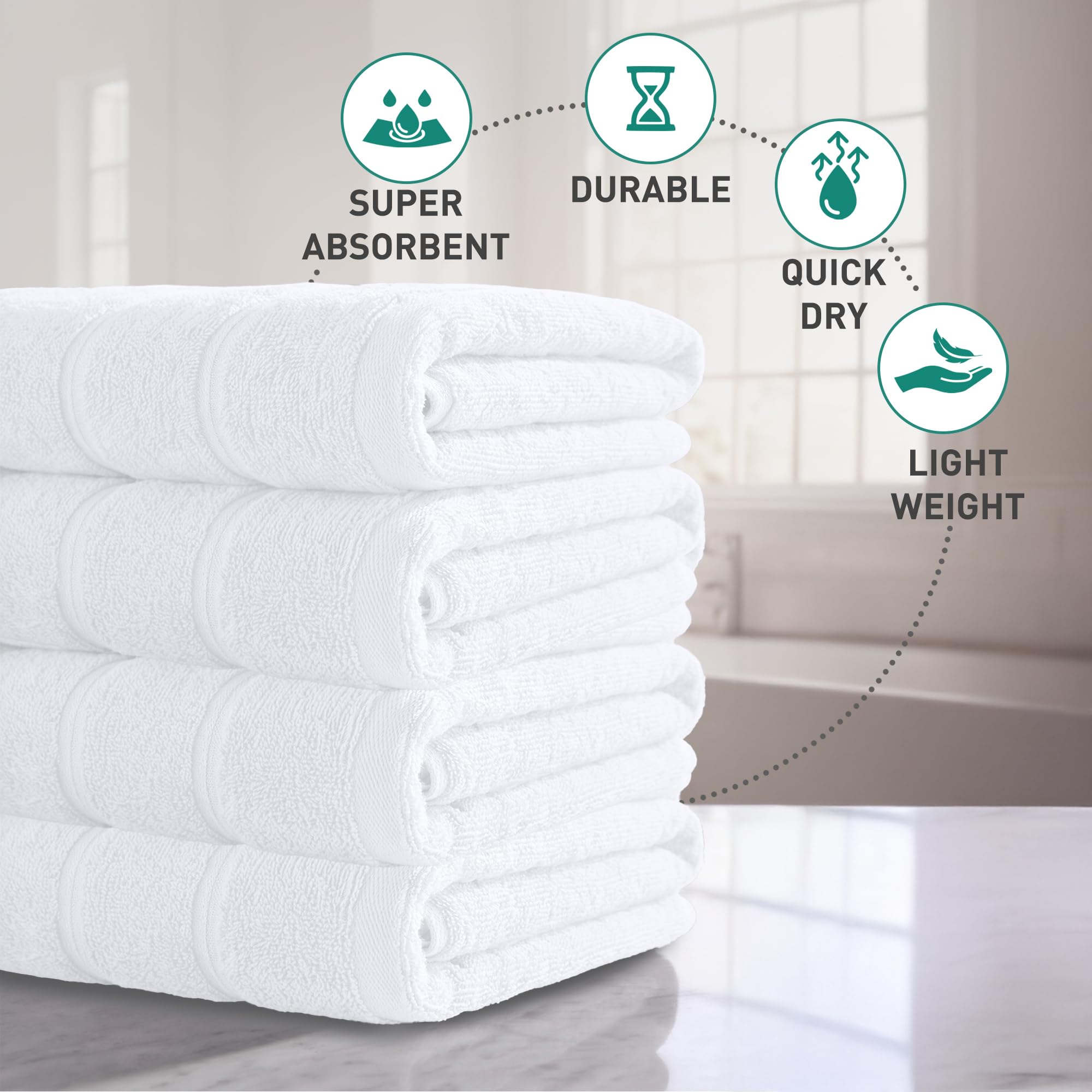 Zero Twist Bathroom Towels I 4 Pack Bath Towels I Quick Dry I White