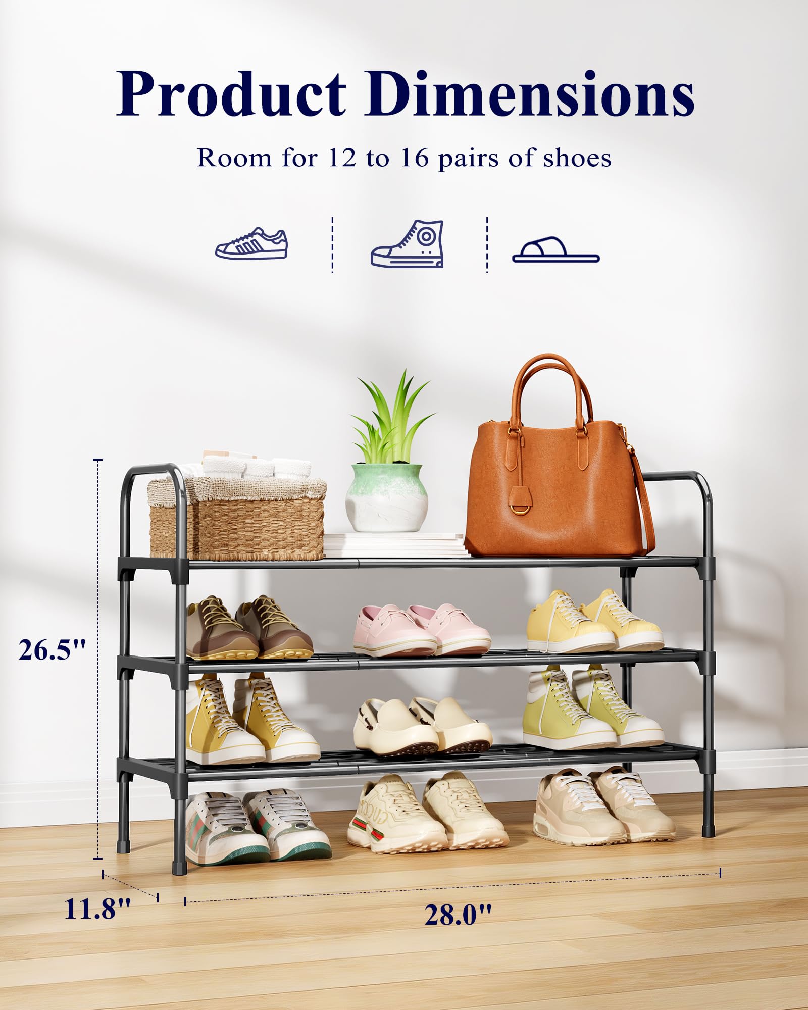 Kitsure Space-Saving Shoe Rack, 71.1cm-3 Tiers, Black