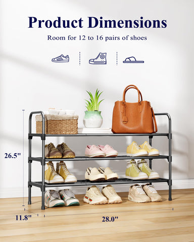 Kitsure Space-Saving Shoe Rack, 71.1cm-3 Tiers, Black