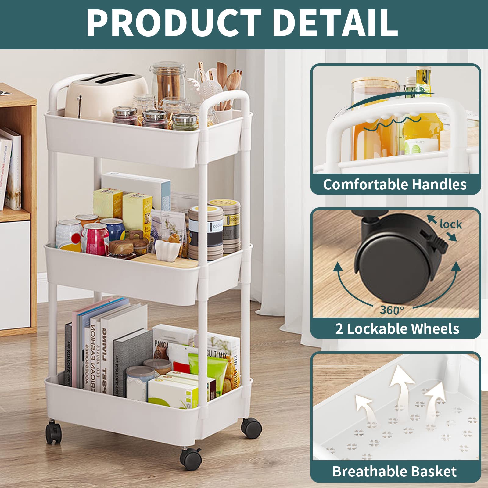 EZ COZY 3-tier Storage Trolley On Wheels - Kitchen Storage Utility Cart Rolling Storage Organiser for Kitchen Bathroom Laundry and Office, White
