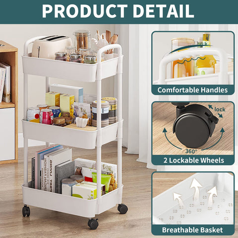 EZ COZY 3-tier Storage Trolley On Wheels - Kitchen Storage Utility Cart Rolling Storage Organiser for Kitchen Bathroom Laundry and Office, White