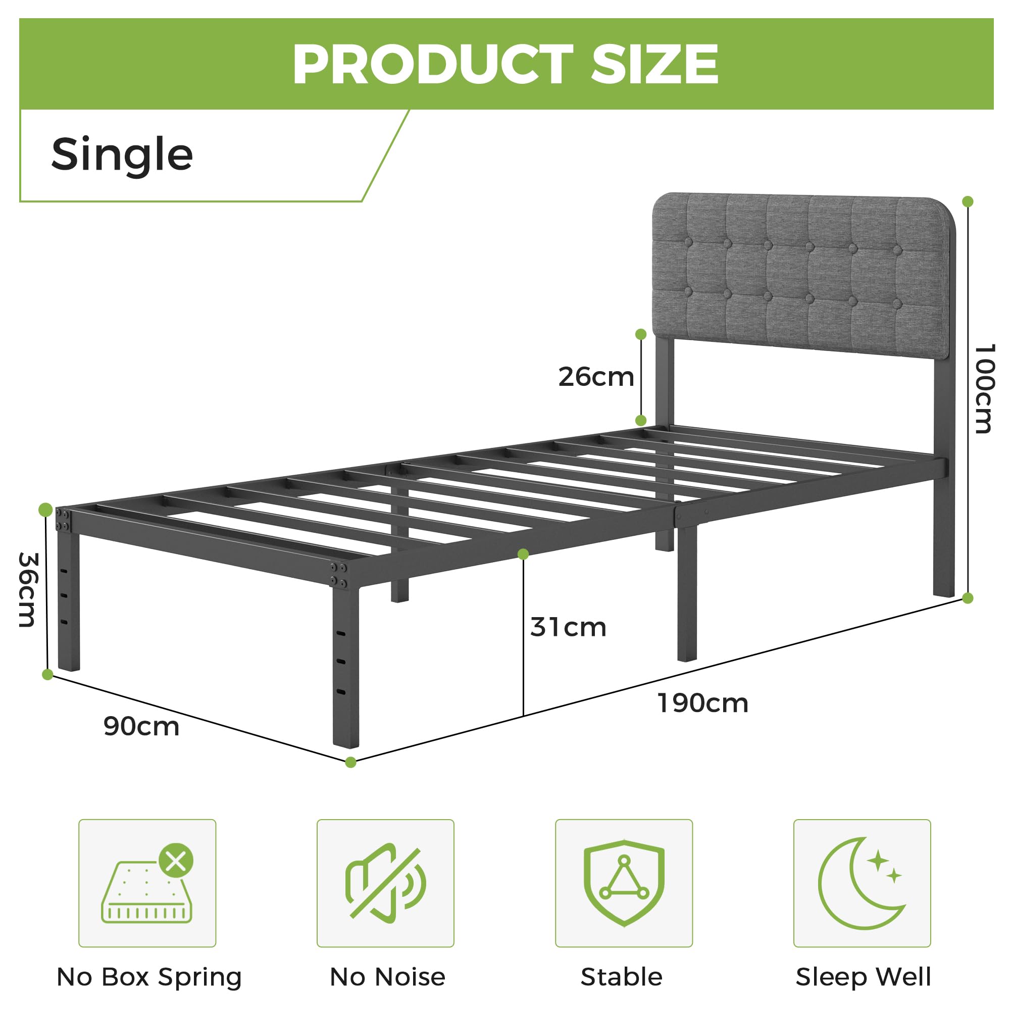 Lutown-Teen Single Bed Frame with Grey Upholstered Headboard