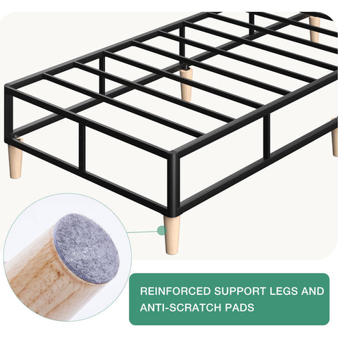 Novilla 35cm Double Metal Platform Bed Frame, 4FT6 Mattress Foundation With Fabric Cover, Metal Slat Support, Solid Wooden Support Legs