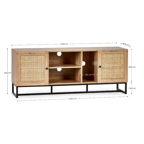Julian Bowen Padstow TV Unit for 55" TVs, Faux Rattan, Oak Effect - W150cm