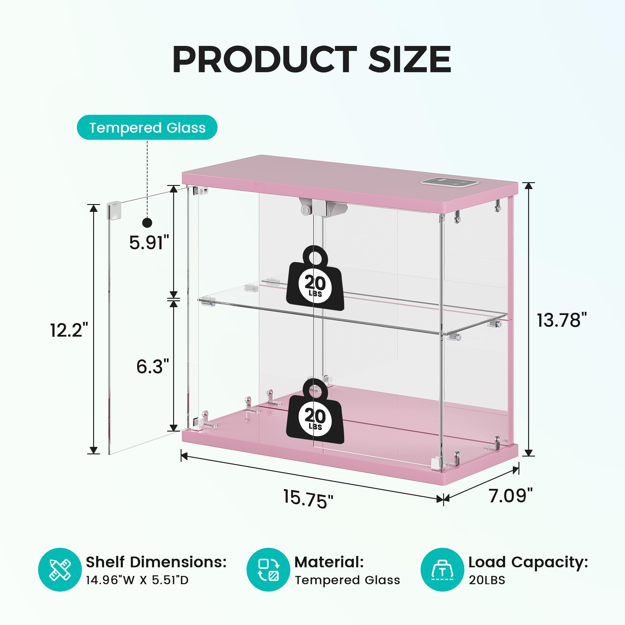 FREDEES Glass Display Cabinet Case with LED Lights, Pink