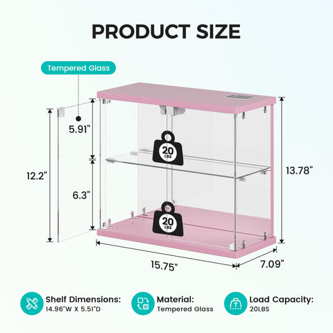 FREDEES Glass Display Cabinet Case with LED Lights, Pink