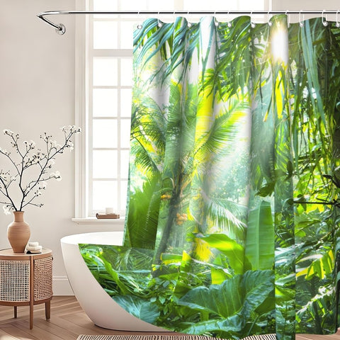 Xiaoterna Spring Shower Curtain Tropical Rainforest Lush Green Foliage in Jungle Bathroom Curtain Jungle Safari Sunrise Waterproof Shower Curtain