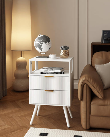 JERX Wooden Bedside Table, Nightstand with 2 Storage Drawer and Open Shelf Modern Bedside Cabinet for Bedroom,White