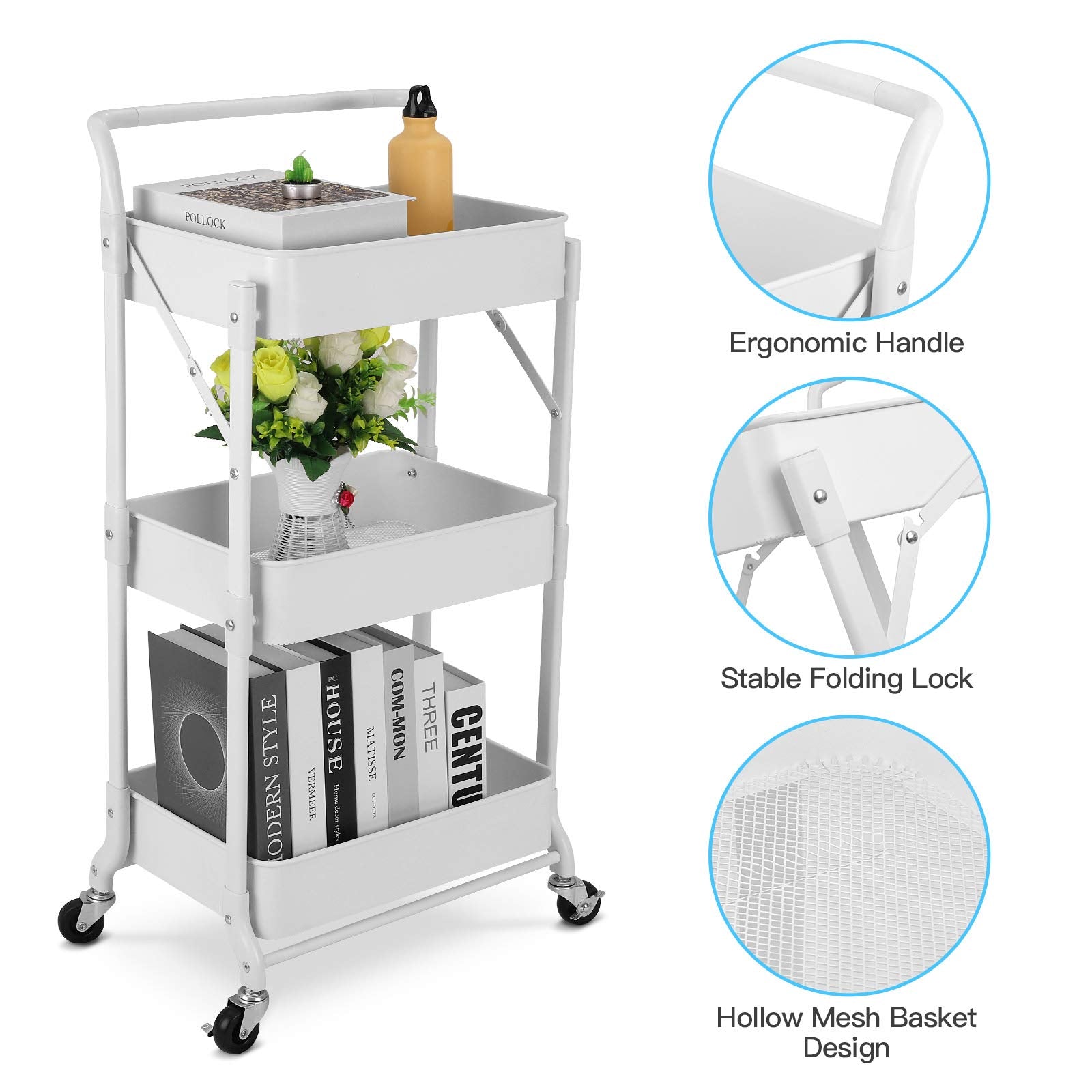 johgee Foldable 3 Tier Metal Utility Rolling Cart, Folding Mobile Multi-Function Storage Trolley Organizer Cart for Home Library