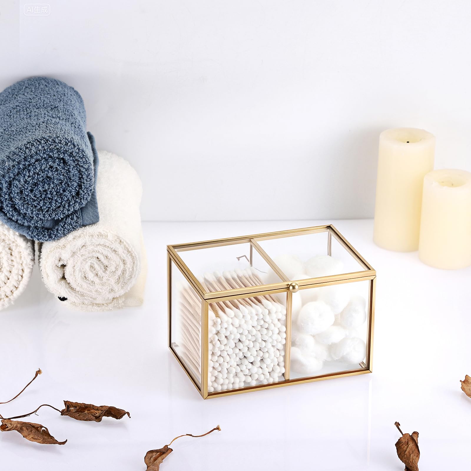 SUMTree Gold Glass Cotton Swab Holder with 2 Compartments, 14*9.5*9cm