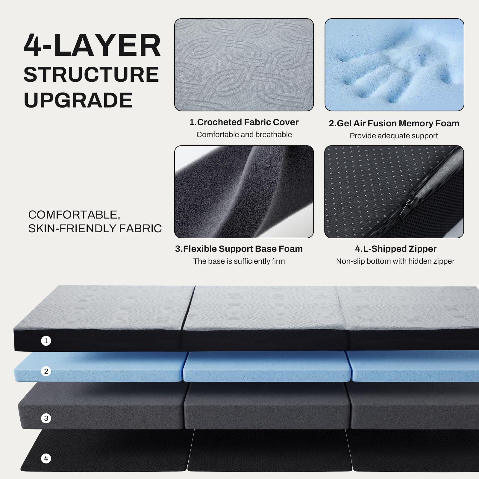 Folding Mattress Double, Memory Foam Foldable Mattress, 90x190x10cm, Grey