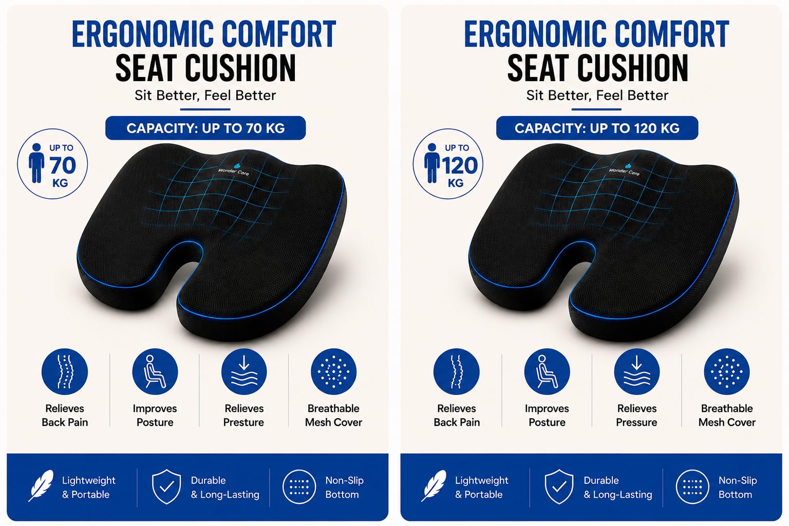 Wonder Care Orthopedic Coccyx Cusion | High Density Memory Foam for Back Pain, Sciatica, Tailbone Relief (Velvet Cover, 70Kg)