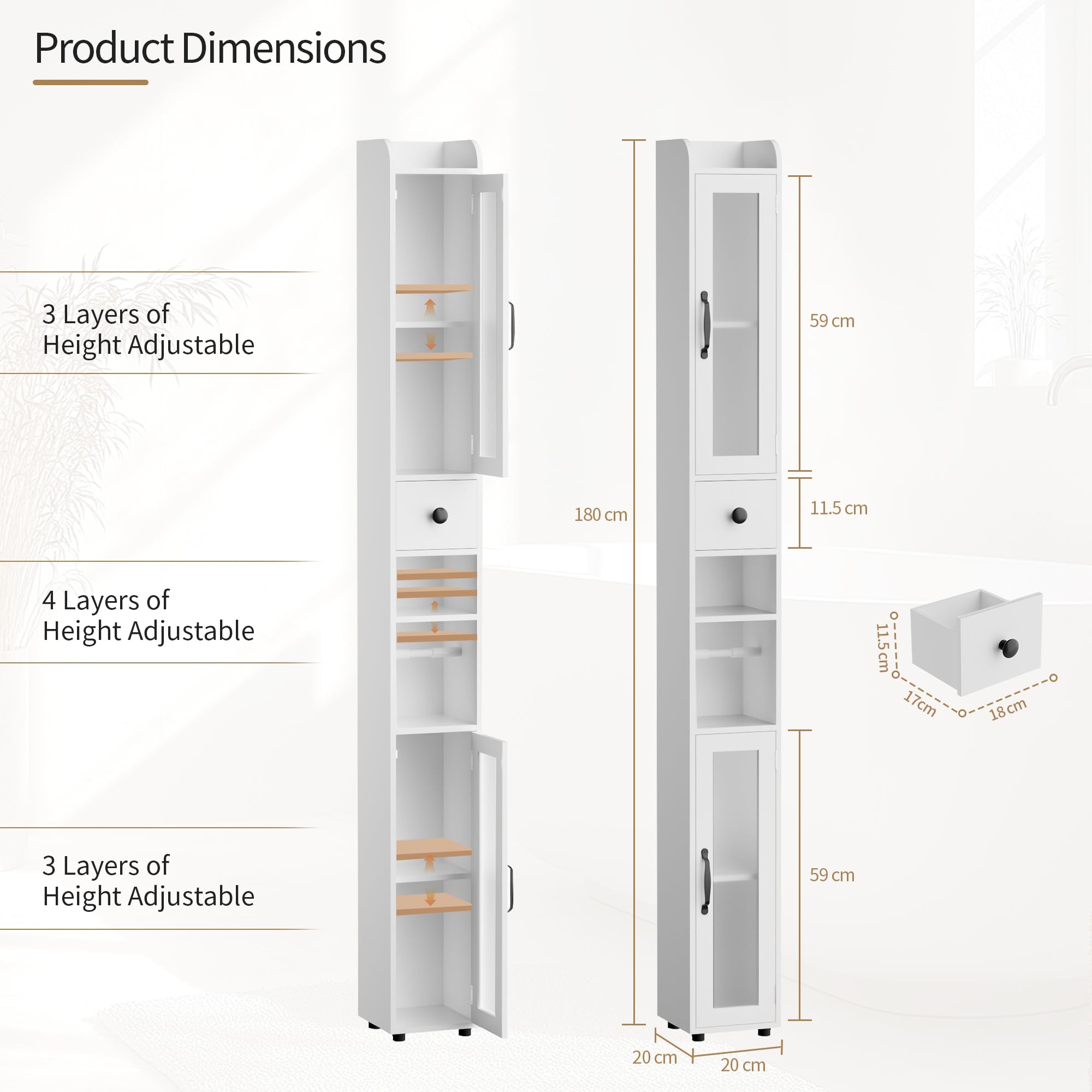 BonVache Tall Bathroom Storage Cabinet, Slim Storage Unit with Adjustable Shelves, Bathroom Shelves Cupboard for Kitchen Hallway Living Room Bedroom