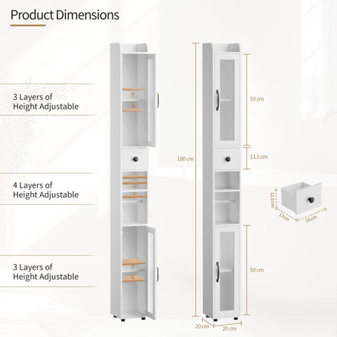 BonVache Tall Bathroom Storage Cabinet, Slim Storage Unit with Adjustable Shelves, Bathroom Shelves Cupboard for Kitchen Hallway Living Room Bedroom