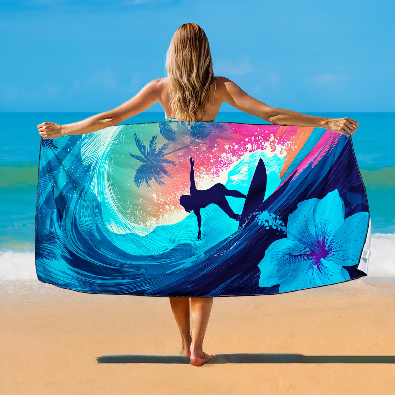 Violetpos Neon Surfer Beach Towel, Extra Large 180x90 cm 250GSM Microfibre, Sand Free Quick Dry