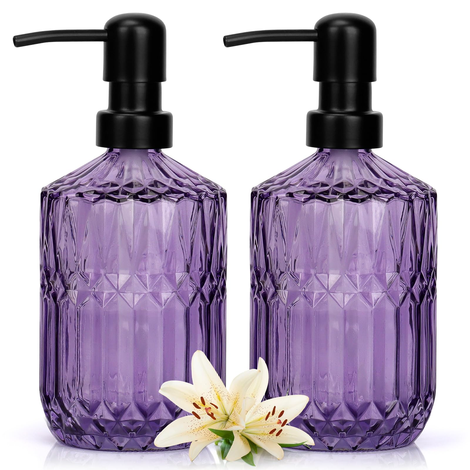 2 Pcs Glass Soap Dispenser with Pump,13.5 Oz/400 ml Washing up Liquid Dispenser, BPA Free Refillable Non-slip Pump Bottle for Shampoo,Shower Gel in