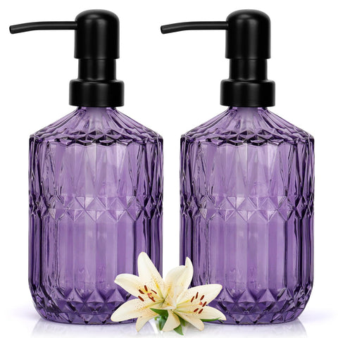 2 Pcs Glass Soap Dispenser with Pump,13.5 Oz/400 ml Washing up Liquid Dispenser, BPA Free Refillable Non-slip Pump Bottle for Shampoo,Shower Gel in